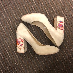 Restricted Nude Floral Embroidery Block Heels 9.5